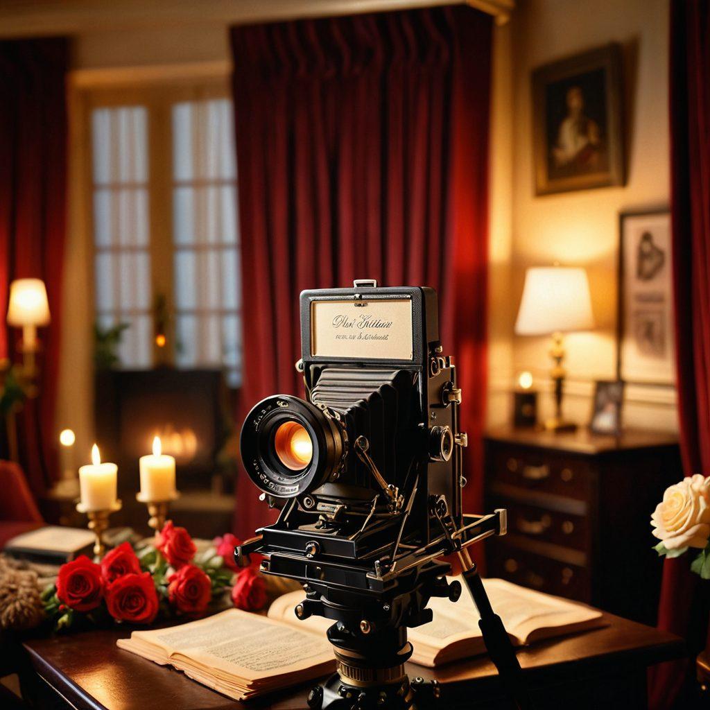 An intimate film set with a romantic atmosphere, showcasing a director discussing scenes with actors beside a vintage film camera. Soft lighting enhances the mood, with a backdrop of lush velvet curtains. Include elements like script pages scattered around and a clapperboard in the foreground. Romantic symbols like roses and candles can add to the theme. super-realistic. rich color palette. cinematic style.