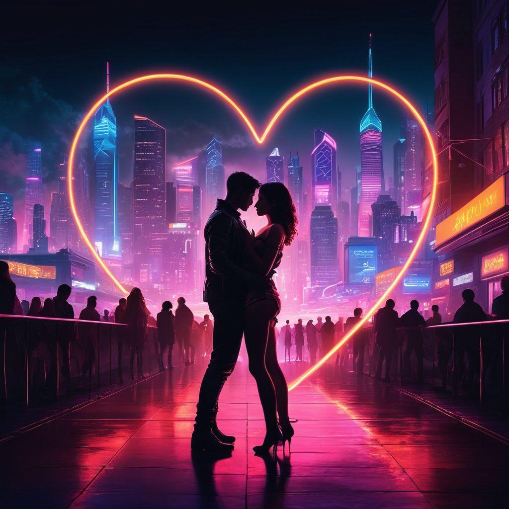 A captivating scene with a person holding a glowing heart-shaped object, surrounded by silhouettes of diverse couples engaged in various romantic activities, set against a backdrop of a city skyline at night filled with neon lights. Elements of adult entertainment subtly represented in the background, blending seamlessly into the romantic central theme. Mood lights casting a warm glow, highlighting emotions. digital art. vibrant colors. cyberpunk.