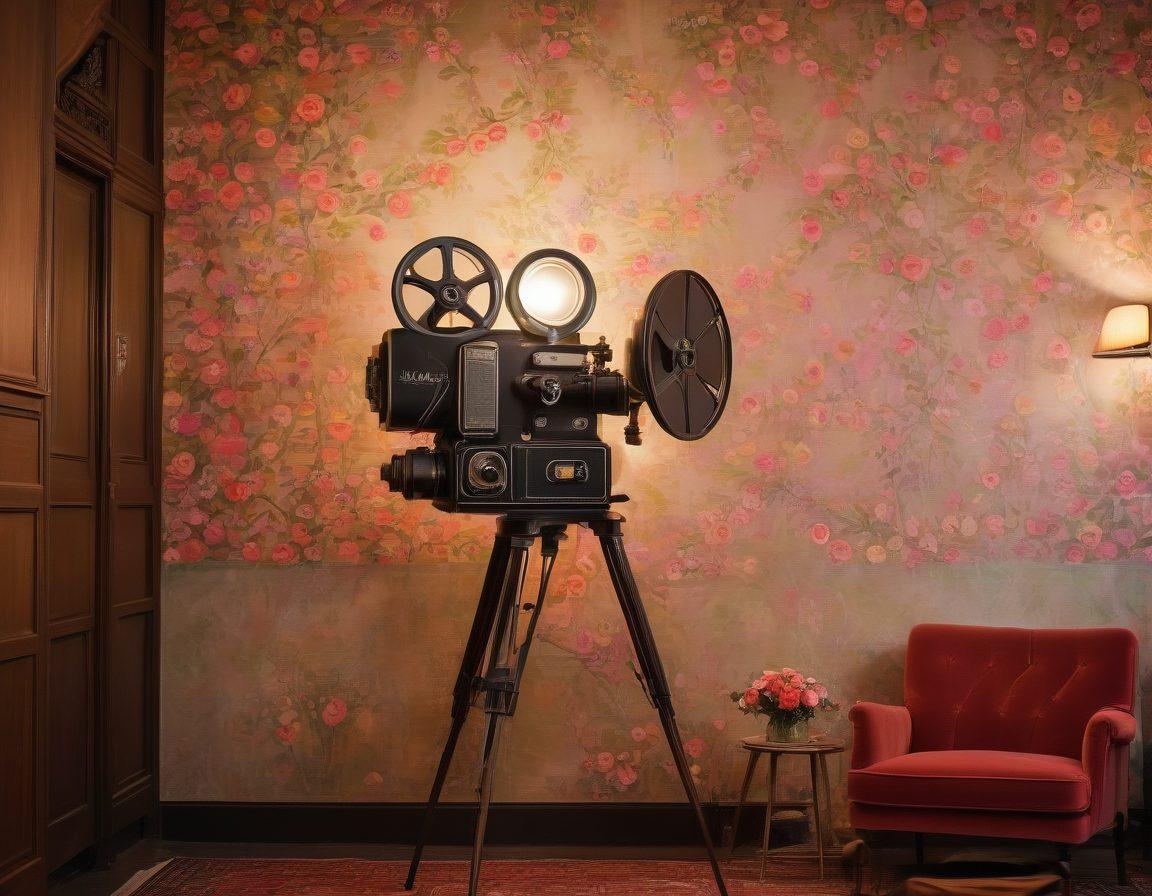 A vintage film projector casting romantic scenes on a wall, showcasing diverse couples embracing through various eras of adult cinema. Include elements of classic film reels and soft lighting to evoke nostalgia. The background should feature subtle hearts and roses blending into a warm color palette, symbolizing the evolution of romance. super-realistic. warm colors. vintage style.